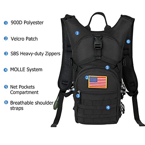 Gelindo Military Tactical Hydration Backpack with 2L Water Bladder Light Weight, MOLLE Tactical Assault Pack for Hiking Biking Running Walking Climbing Outdoor Travel(Black)