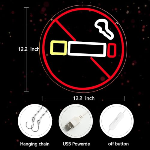 Image of No Smoking Neon Signs for Wall Decor Neon Lights for Bedroom Led Business Signs Suitable for Public Places Christmas Birthday Party 5V Power Adapter, 12.2 * 12.2 Inch (Red+Yellow+White)