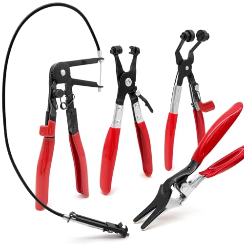 Eqivei 4 Stück Schlauchklemmenzangen Set kfz, Schlauchschellen Werkzeug Umfasst Lange Drahtfeder Schlauchschellenzange, Flachband und Abgewinkelte Schlauchschellenzange, Schlauchentferner Zange