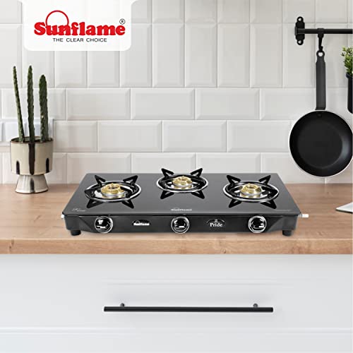 Sunflame PRIDE 3 Burner Gas Stove, Manual Ignition with Toughened Glass