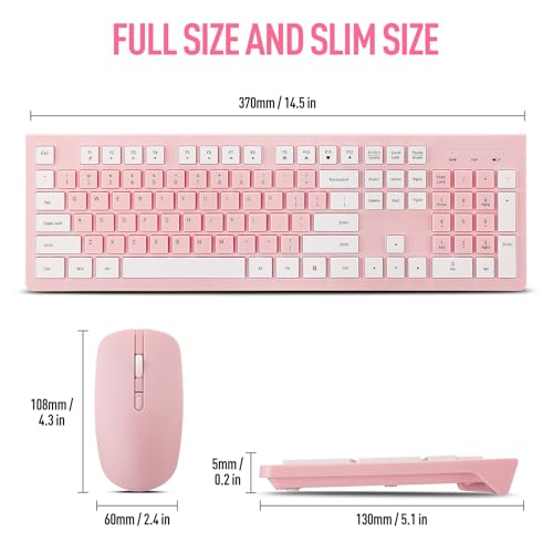 Image of Wireless Silent Keyboard and Mouse Combo, Ultra-Slim Sleek Design Full-Sized Wireless Keyboard and Adjustable DPI Mouse, 2.4GHz USB Receiver for PC, Windows, MAC, Desktop, Laptop (Pink)