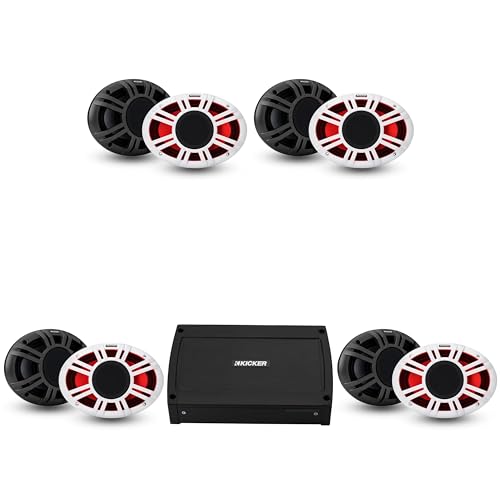 Kicker Marine 4 Ch Amp & (4 Pair) 6x9 LED KMXL Coaxial Speaker Audio Upgrade (48KXMA500.4, 48KMXL69)