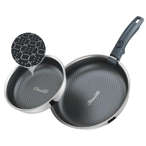 Ciwete Hybrid Non Stick Frying Pans Set 3-Piece 8 & 10 Inch Tri-Ply Stainless Steel Pans Set with Detachable Handle PFOA Free Kitchen Skillets for All Cooktops Dishwasher & Oven-Safe Cooking Pan