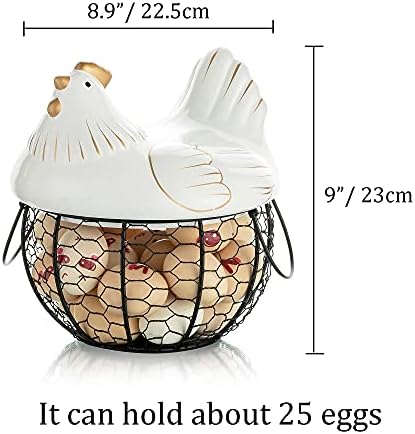 Egg Basket, Egg Boxes with Ceramic Lid and Handles Large Black Wire Egg Holder Cute Metal Mesh Container Can Used as Fruit Onion Storage Unique Decorative for Home Countertop Kitchen, White Chicken