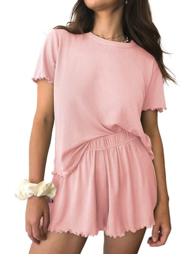 Image of Ekouaer Womens Pajamas 2 Piece Ribbed Knit Pjs Short Sleeve Sleepwear Set Summer Soft Pajamas Set Casual Lounge Sets