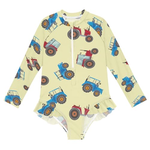Blue Red Tractor Girls Swimsuit One Piece Rash Guard Girls' Swimwear Long Sleeve Swimsuits for Girl Size 3-12T2