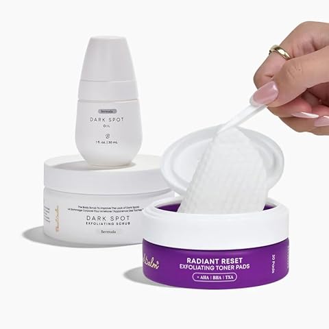 Bushbalm Ultimate Brightening Routine - Radiant Reset Exfoliating Ingrown Hair Pads, Bermuda Body Scrub and Bermuda Dark Spot Oil with TXA, AHA, and BHA for Dark Spots Ingrown Hair & Razor Bumps Cover