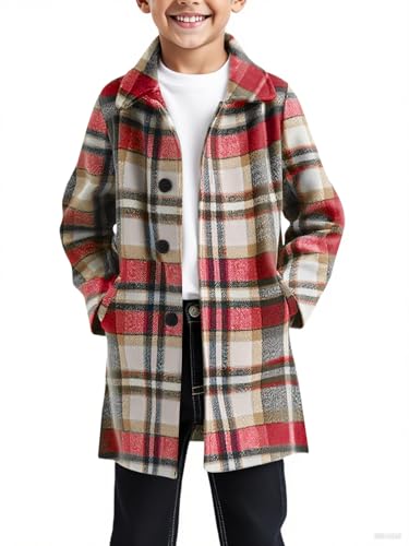Image of Haloumoning Boys Plaid Dress Coat Kids Fall Button Down Wool Blend Pea Coats Jackets with Pockets 5-14 Years