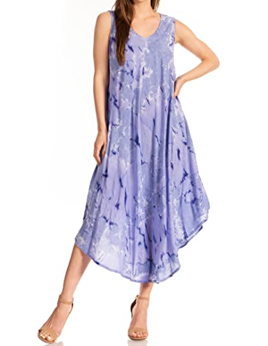 Sakkas 16801 - Laeila Tie Dye Washed Long Sleeveless Tank Top Caftan Dress/Cover Up - Dusty Blue - OS