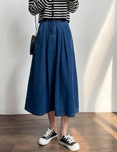 Kinghua Women's Casual A Line Flare Pleated High Waisted Long Jean Denim Skirt with Pocket3