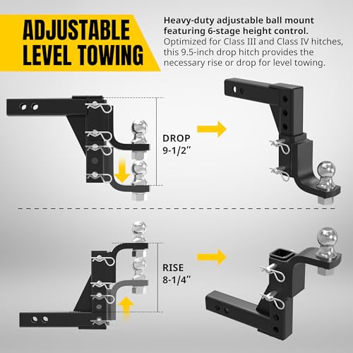 Image of MaxxHaul Adjustable Trailer Hitch Ball Mount with Locking Hitch Pin and Stabilizer, Fits 2 inch Receivers, Anti-Rattle Design with Rubber Stabilizer Pad, 7,500 lb GTW Capacity (51188)