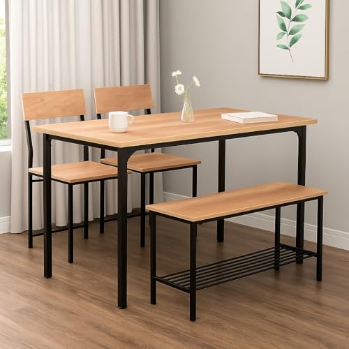 Dining Table Set of 4 with Bench & Chairs, 4 Seater Table, Engineered Wood Top & Metal Frame, Compact Space Saving Furniture for Home & Kitchen (Gold Oak- DIY)