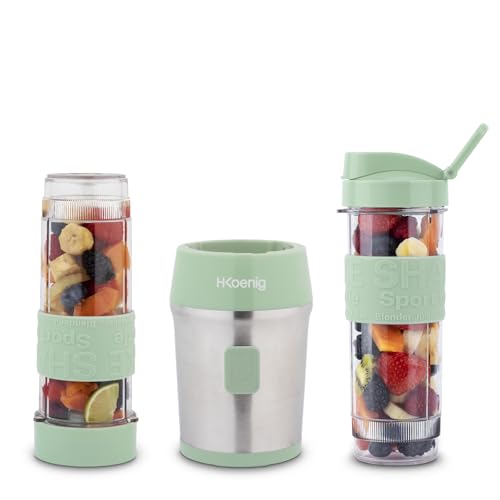 H.Koenig Mini Smoothie Maker Standmixer, Blender elektrisch, Transportabel Kompakt 570mL SMOO18 BPA-frei Leistungsstarke 300W, Smoothie Mixer 2 tragbare Flaschen, Edelstahlklingen, Pastellgrün