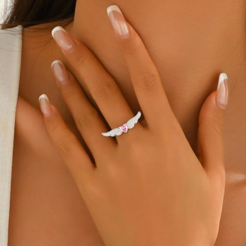 AIBELOPY 925 Sterling Silver Angel Wings Pink Heart CZ Ring - 3