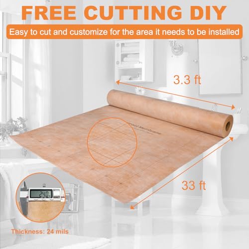 108 Sq Ft Waterproof Membrane with Pre-Marked Grid Design, 3.3 FT x 33 FT Roll, 24Mils Thick, Easy Cutting Polyethylene Fabric Waterproofing Membrane for Shower, Sauna, Bathroom Kitchen by LXVOOEE - Image 3