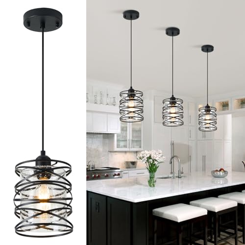 LAMKNVS 1-Pack Pendant Light Fixtures 6.3Inch Black Spiral Kitchen Island Light Modern Metal Cage Handblown Seeded Glass Ceiling Hanging Light Adjustable Cord for Dining Room Foyer Hallway, E26