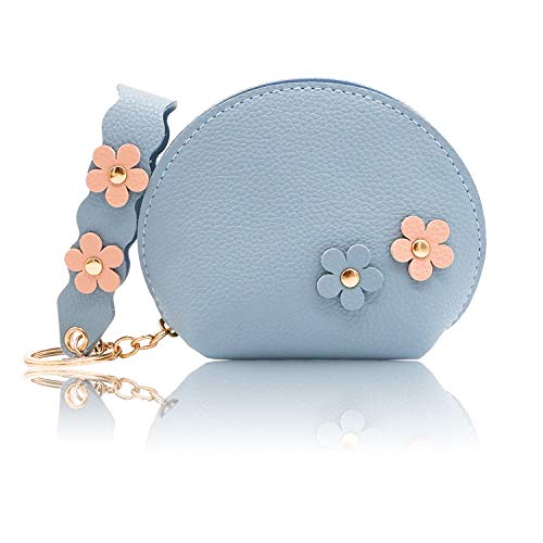 Preisvergleich Produktbild conisy Mädchens Münzgeldbeutel Schicke Leder Schlüssel Beutel für Damen - Kleine Münzbörse (Blume,blau)