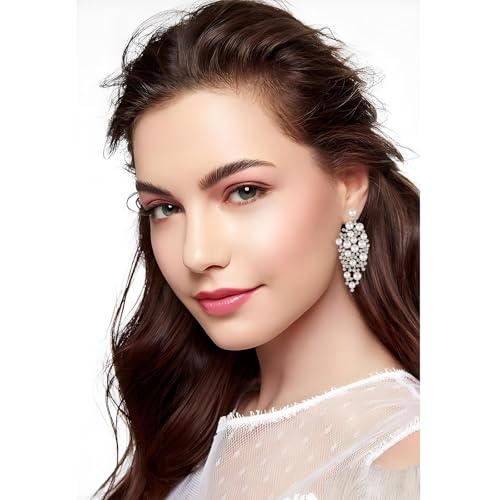 Bridal Pearl Earrings for Women Elegant Large Sparkling Crystal Rhinestone Cluster Chandelier Simulated Pearl Long Dangle Drop Earrings Bridal Wedding Prom Jewelry Gifts3