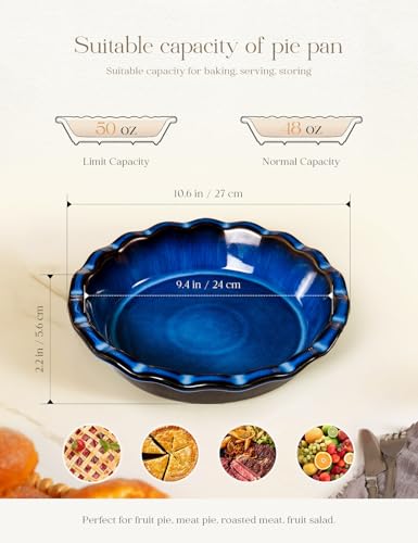 AISBUGUR Pie Pan for Baking 9 Inch Ceramic Pie Dish Quiche Baking Dish Non-Stick Dishwasher & Oven Safe (Reactive Glaze Blue) - Thumbnail 3