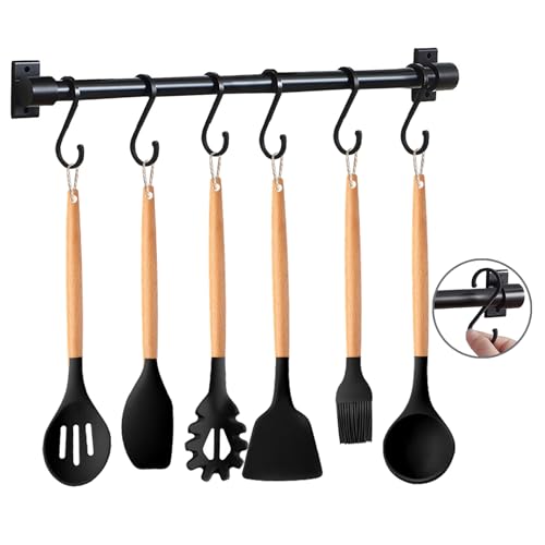 Smallboutique Soporte de aluminio negro para utensilios, estante de cocina montado en la pared, colgador de bandeja de cocina con ganchos en S para colgar utensilios de cocina, accesorios de baño