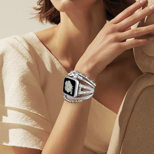 Boho Dressy Bracelet for Apple Watch Band 40mm 38mm 41mm 44mm 42mm 45mm 46mm 49mm Women,Cute Bling Beaded Leather summer Breathable Strap Accessories for iWatch Bands SE Series 11 10 9 8 7 6 5 4 3 2 1 by ORATYFAN - Used condition - Image 2