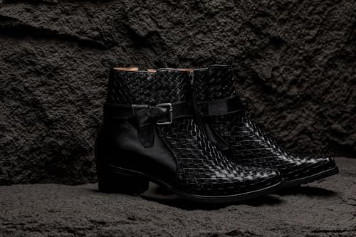 Image of CALTO Men's Invisible Height Increasing Elevator Shoes - Black Premium Leather Woven Ankle Buckle Zipper Boots - 3.3 Inches Taller - K30523 - Size 12 D(M) US