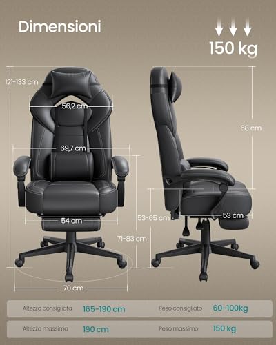 Sedia Gaming, Sedia Ufficio Scrivania, Ergonomico, con Poggiapiedi, Poggiatesta Regolabile, Cuscino Lombare, Portata 150 kg, Nero OBG077B01 - Sedia gaming - Immagine 1