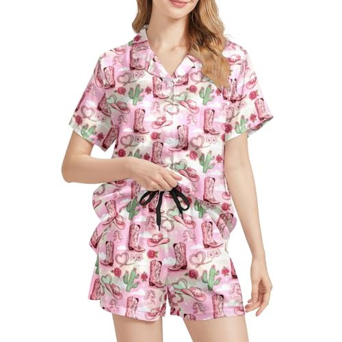 Image of Funny Satin Pajamas Set for Women Button Down Sleepwear Print Pjs Set 2 Piece Short Sleeve Loungewear Gift for Women