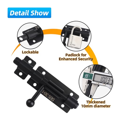Image of Barrel Bolt Latch, 4.2 Inch Slide Lock, SUS304 Stainless Steel Slide Bolt Latch with Padlock Hole, Heavy Duty Slide Bolt Gate Latch Lock for Wooden Fence, Yard Door, Barn Door, Shed Door (Black)