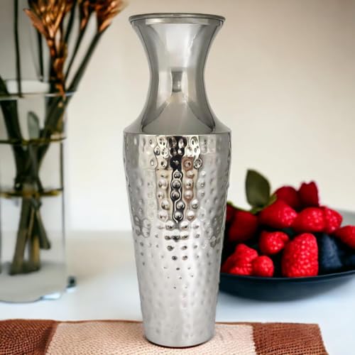 Image of Hosley 18 Inch High Silver Color Metal Hammered Vase| Modern Flower Vase for Pampas Grass, Dried Flowers, Home & Office Decor, Centerpiece, Wedding Home, Handcrafted Gift Flower Vase, Pack of 1