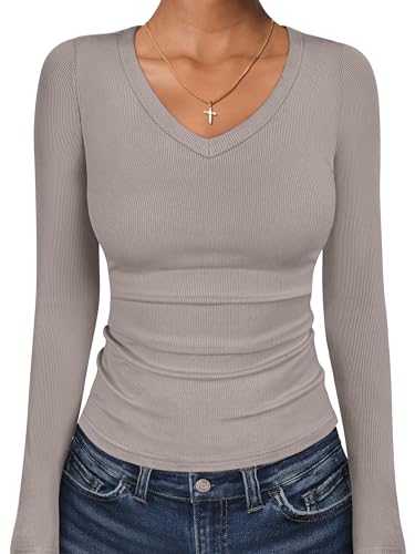 Image of ANRABESS Long Sleeve V Neck Shirts for Women | Soft Comfy Ribbed Knit Fitted Tshirts, Casual Going Out Tops, 2026 Trendy Basic, Fall Winter Underscrub Layering Clothes