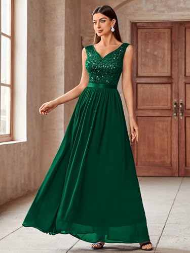 Image of Miusol Women's Sexy Deep V-Neck Sequin Lace Double Sleeveless Evening Party Maxi Dress