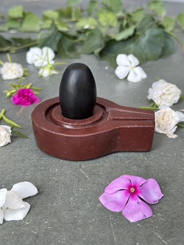 Image of Shivam VASTU AKAL 1.5 inch Original Narmadeshwar Narmada Shivling with 3 inch Narmada Stone Yoni Base Jaladhari (Black Shivling, Brown Flate Jaladhari)