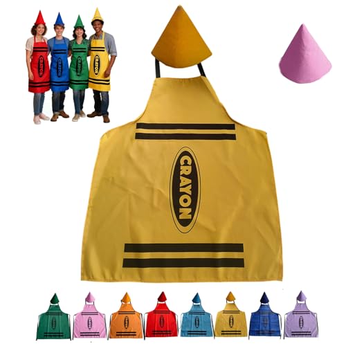 Tablier crayon et chapeau conique de gnome, costume de crayon de couleur crayon et chapeaux coniques amusants, pour adultes, hommes, femmes, groupe familial (Jaune)