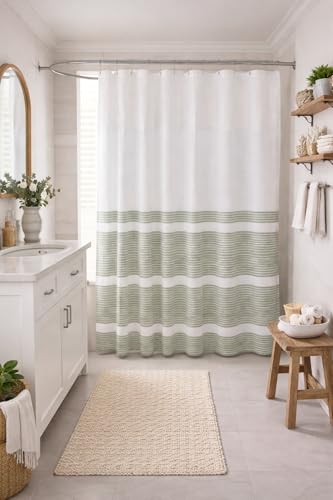 Serafina Home Nautical Striped Sage Green and White Fabric Shower Curtain: 100% Cotton Luxury Hotel with Detailed Decorative Weave for Bathroom 70' x 72' (Chase Sage)