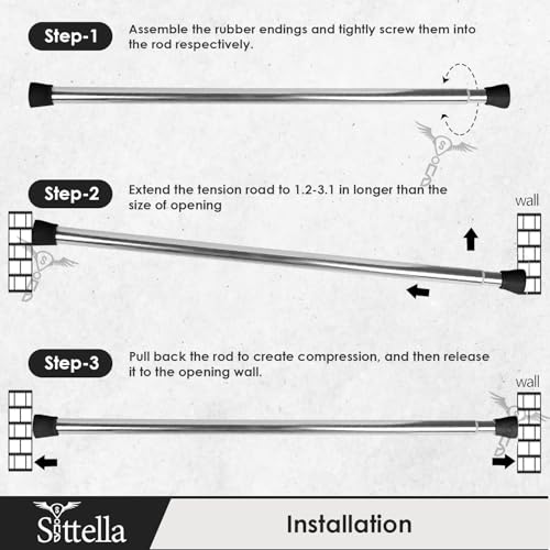 Image of SITTELLA (85Cm To 140Cm) Extendable Shower Curtain Tension Rod Non-Drilling Anti-Skid Spring Pull Rod -Stainless Steel, Silver-Black