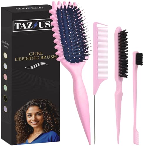 Curl Defining Brush, Curly Hair Brush for Styling, Shaping, Detangling & Defining Curls for Women and Men, Curl Brushes for Curly Hair Work on all Wet or Dry Hair Types (Pink,4 Pcs Set)