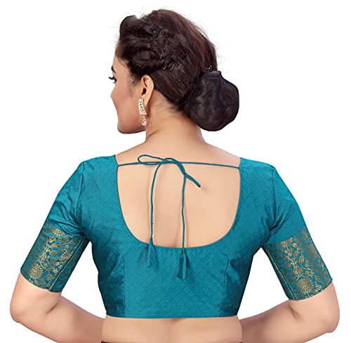 Image of Studio Shringaar Women's Readymade Brocade Saree Blouse with Kanjivaram Border Elbow Length Sleeves