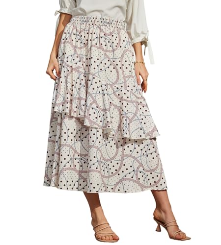 Ystguic Women's Pleated Flowy Long Skirt Ruffled A-Line Empire Waist Boho Printed Skirts with Pockets 2026 Date Night Casual Beach Vocation Small Pink Rope Swirl Polka Pot YG078 S