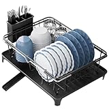 Expandable Dish Drying Rack, Carbon Steel Dish Rack with Drain Board and Utensil Holder, Extendable 14.2-20.7 in Drainer with Swivel Spout for Kitchen Counter