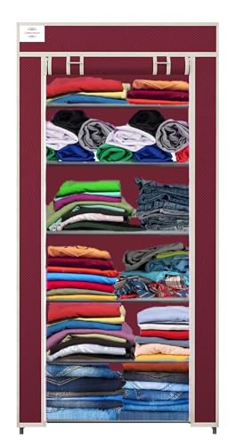 Image of CMerchants Metal Multipurpose Collapsible Organizer With Non Woven Dustproof Zip Cover For Clothes (6 Shelve) (Maroon)