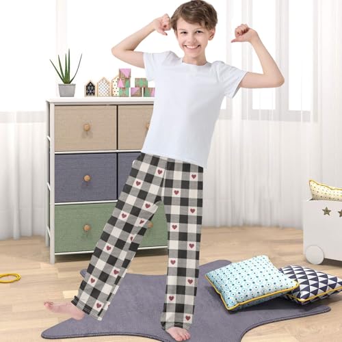 Boy's Pj Pants Heart Gingham Plaid Lounge Bottoms Elastic Waist Kids Joggers with Pockets Size 6-144