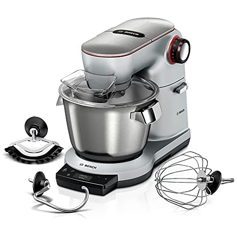 Bosch Küchenmaschine OptiMUM MUM9AX5S00, Edelstahl-Schüssel 5,5 L, integrierte Waage und Timer,Planetenrührwerk,Profi-Knethaken, Schlag-, Rührbesen, Edelstahl, 7 Arbeitsstufen, 1500 W, Platinum silber Cover