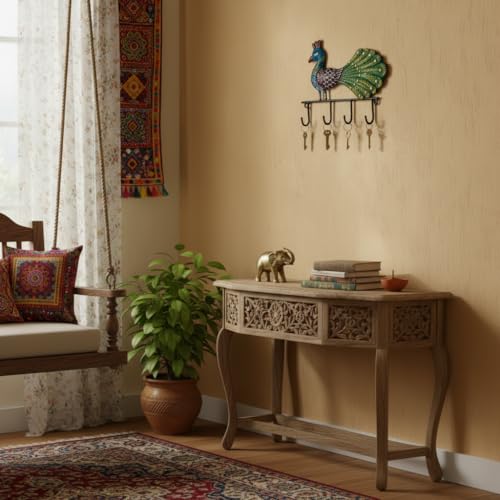 Image of Lamcy Plaza Handcrafted Peacock Wall Mounted Key Holder with 5 Hooks | Decorative Metal Key Hanger for Home Entrance, Living Room, Office, Entryway & Wall Decor