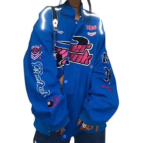 Vagbalena Women's Cropped Baseball Jacket Varsity Oversized Panel Printed Jacket 90S Retro Racing Zipper Long Sleeve Baseball Jacket Outerwear with Pockets (Blue,S) Cover