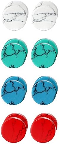 4 Pairs Unisex Marble Stone Screw Stud Earrings Set,Cupimatch Ear Piercing Plugs Faux Gauges Illusion Tunnel Earrings (8mm)