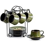 YHOSSEUN Ceramic Espresso Cups Set of 6, 4 Oz Expresso Shots Cup with Stand, Saucers & Spoons, Small Coffee Cup for Double Espresso, Mocha and Tea, Green