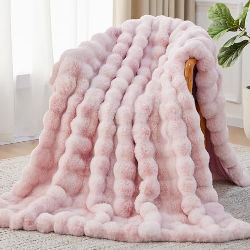 Faux Fur Throw Blanket, 1000GSM Fluffy Soft Bubble Blanket for Couch Bed, Cozy Plush Warm and Thick Blanket, Fuzzy Rabbit Lola Throw for Living Room Bedroom 80''*90'' Pink