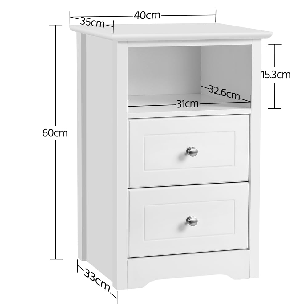 Yaheetech Mesitas de Noche con 2 Cajones 40x35x60cm Mesillas de Noche Vintage para Dormitorio Mesita de Madera Lacada para Cama Blanco