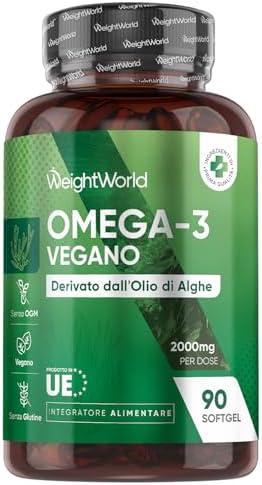 Omega 3 Vegan in 90 Softgel da 2000 mg, DHA, EPA, Omega3 Vegetale da Olio Algale